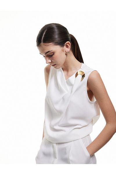 Koton Sleeveless Crepe Blouse with Asymmetrical Neckline Draped Metal Accessories