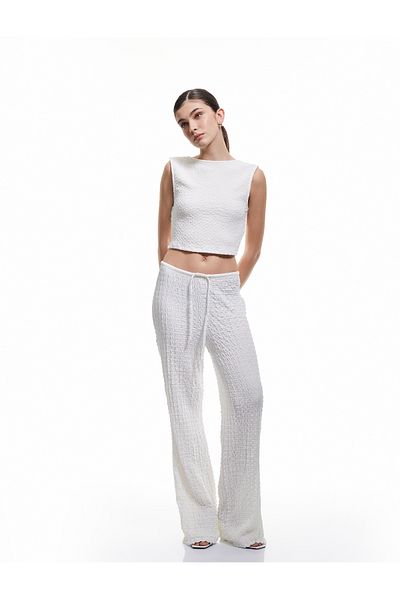 Koton Textured Wide Straight Leg Trousers with Tie Waist