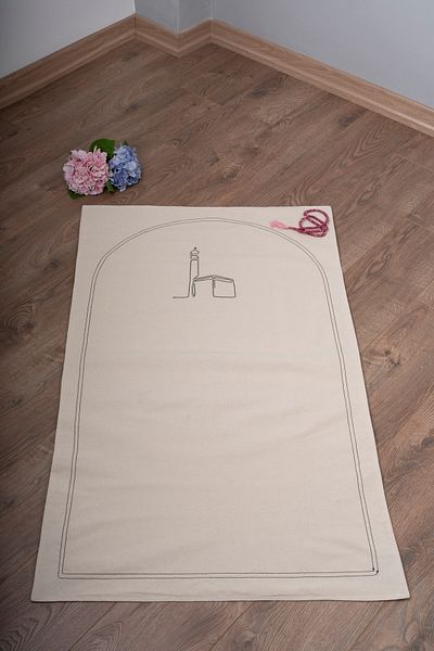 ALTINPAMUK Prayer Mat Natural Plain Raw Linen - Kaaba - Embroidery Soft Inside Padded 70X115