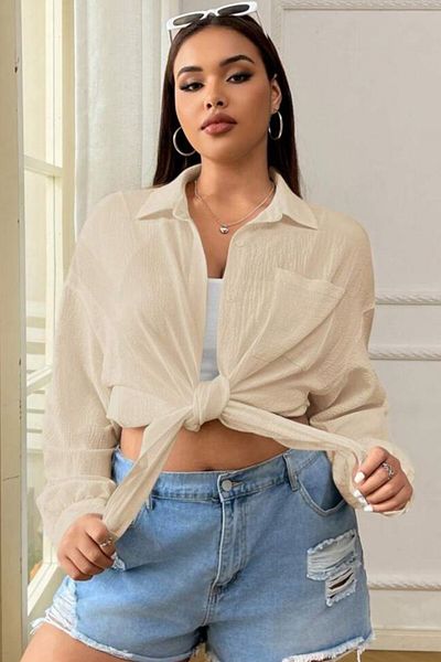 MODAGEN Women's Beige Single Pocket Oversize Shirt
