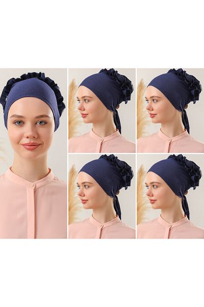 Melodi Scarf Navy Blue Hijab 5-Piece Ruffled Bonnet Set