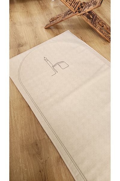 ALTINPAMUK Prayer Mat Natural Plain Raw Linen - Kaaba - Embroidery Soft Inside Padded 70X115