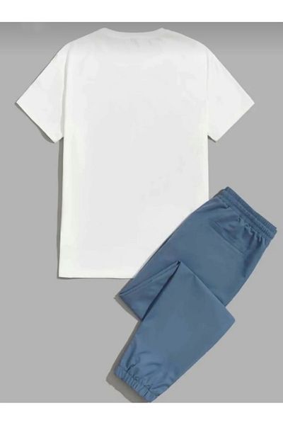 Sky Light Unisex White Printed T-Shirt-Blue Jogger Tracksuit