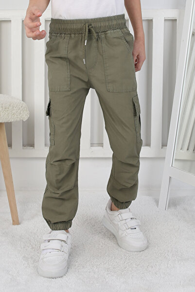 e-çocuk Boy's Khaki Trousers with Commander Pockets and Elastic Waist 2521