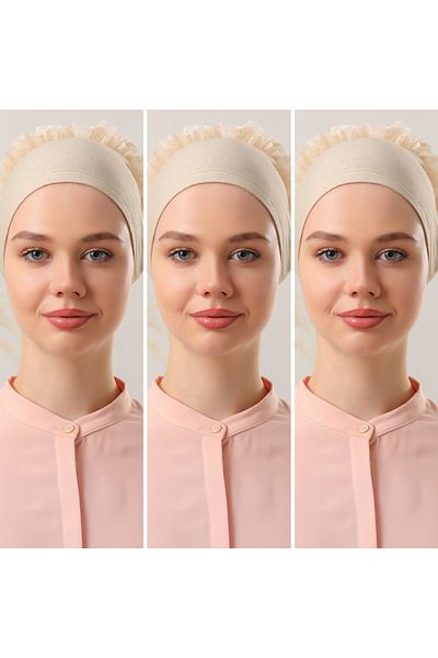 Melodi Scarf Beige Women's Hijab - 3-Piece Ruffled and Stitching Detailed Bonnet