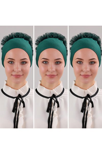 Melodi Scarf Σμαραγδένιο πράσινο καπό μανίκι 3 τεμαχίων - με βολάν και λεπτομέρεια ραφής