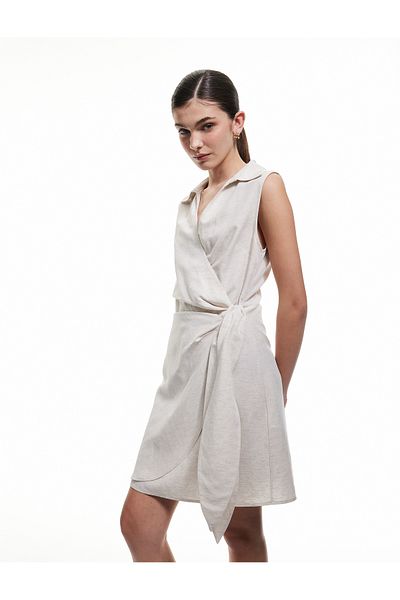 Koton Sleeveless Mini Double Breasted Linen Blend Shirt Dress with Lacing Detail