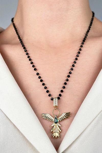 Sose Moda Emerald Anchor Steel Necklace with Bead Chain - Gold