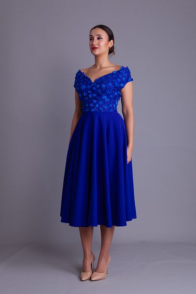 Bidoluelbise Sax Boat Neck Floral Tulle Detail Midi Length Evening Dress