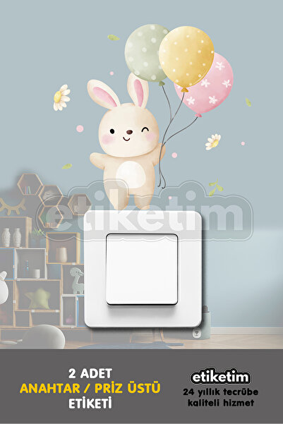 ETİKETİM Çocuk Odası Priz Etiketi Soft Renkler Balon ve Tavşan Figür 2'li Sti...