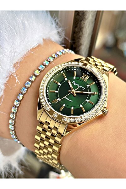 Ferrucci FERRUCCİ TAŞLI YEŞİL KADRANLI GOLD METAL KADIN KOL SAATİ