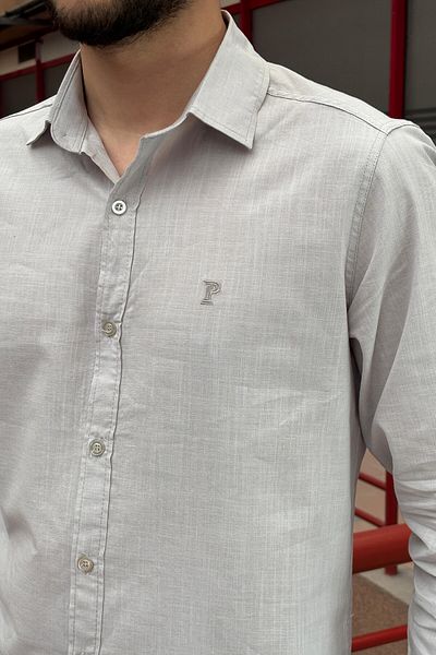 inpool Men'S, Shirt Collar, Regular Fit, Cotton, Linen Woven, Old Money Culture, Embroidery Detailed Shirt G10