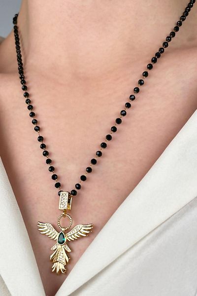 Sose Moda Emerald Anchor Steel Necklace with Bead Chain - Gold