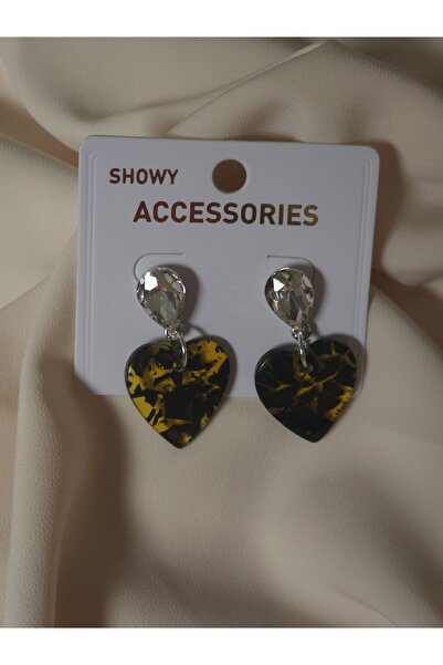Avcıoğlu Aksesuar Women's Earrings Heart Yellow Plexi Leopard Pattern Drop Zi...