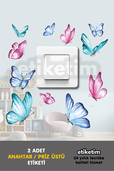 ETİKETİM Priz Üstü Etiket Kelebekler Temalı Pembe ve Mavi Tonları Sticker İki...