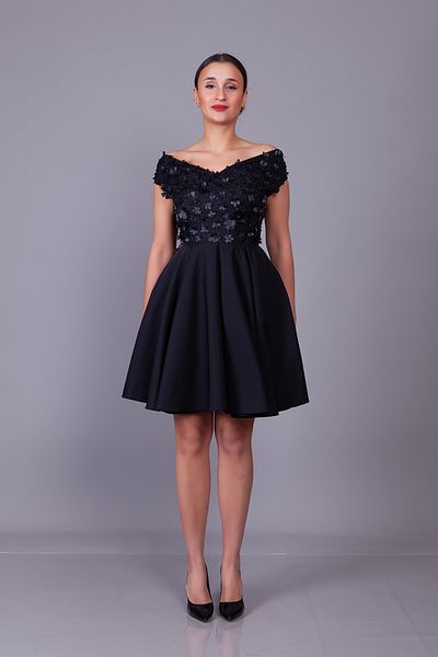 Bidoluelbise Black Boat Neck Floral Tulle Detail Mini Length Evening Dress