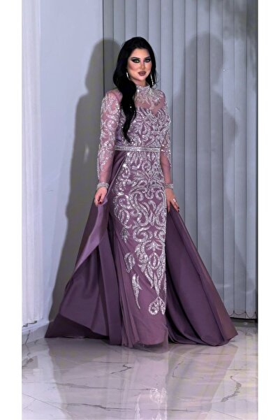 ZENABİYEM فستان سهرة من Zena Fashion بتصميم خاص مطرز من الساتان مع ذيل