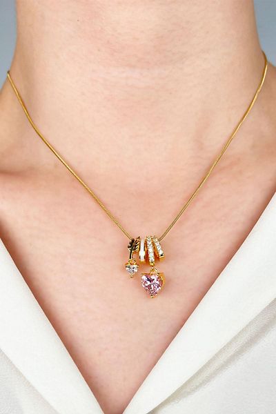 Sose Moda Pink Heart End Charm Steel Necklace - Gold
