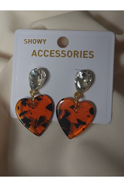 Avcıoğlu Aksesuar أقراط نسائية على شكل قلب بني من زجاج شبكي بنقشة الفهد وأقرا...