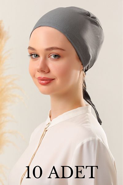 Melodi Scarf Γυναικείο σετ χωρίς ραφή Hijab Καπό Σκούρο Γκρι 10 τεμαχίων Δεμένο χτενισμένο βαμβακερό καπό