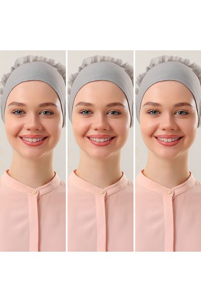Melodi Scarf 3-Piece Hijab Gray Ruffled Women's Simple Stitching Bonnet