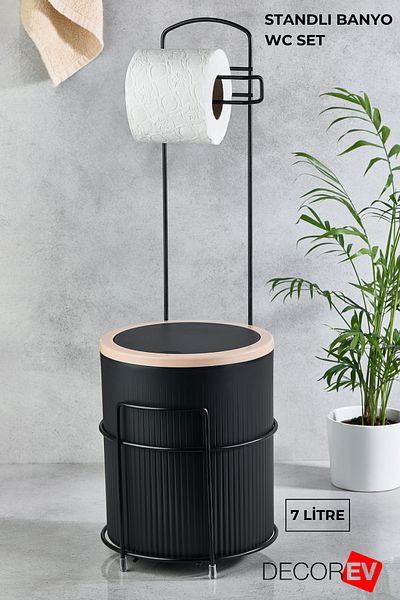 decorev Luxury Bathroom Kitchen Trash Can with Metal Stand Toilet Wc Paper Holder Set