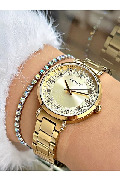 Ferrucci FERRUCCİ RAKAMLARI KADRANI TAŞLI GOLD METAL KADIN KOL SAATİ