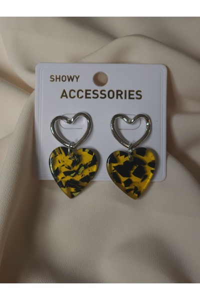 Avcıoğlu Aksesuar Women's Earrings Heart Model Yellow Plexi Leopard Pattern M...