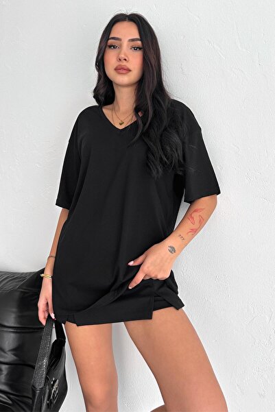 Genel Markalar V Yaka Oversize T-Shirt %100 Pamuk Penye 099