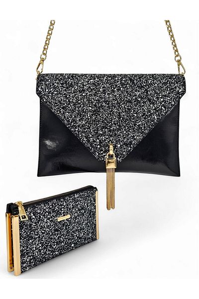 Evident Platinum Stone Patterned Women's Clutch & Clutch Bag Set (29 x 19) _(19 x 11) cm