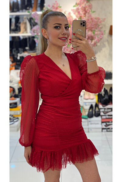 TUĞBALİ Kadın Kırmızı Renk Kruvaze Yaka Drapeli Elbise