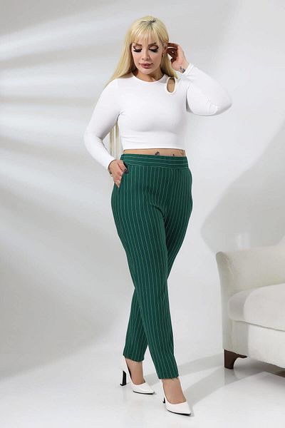 Mooi XXL Women's Green White Striped Stretchy Crepe Trousers