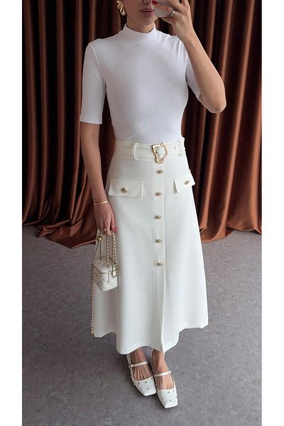 HAZELANNA Premium Ecru Skirt with Gold Buttons and Belt