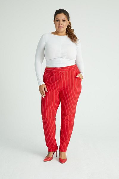 Mooi XXL Women's Red White Striped Flexible Crepe Fabric Trousers