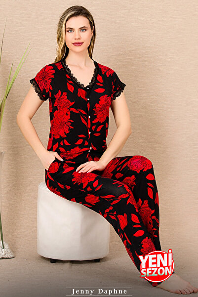 Jenny Daphne Lady Çiçek Desenli Kırmızı Pijama Yeni Sezon Kısa Kollu Pijama Takımı 12494