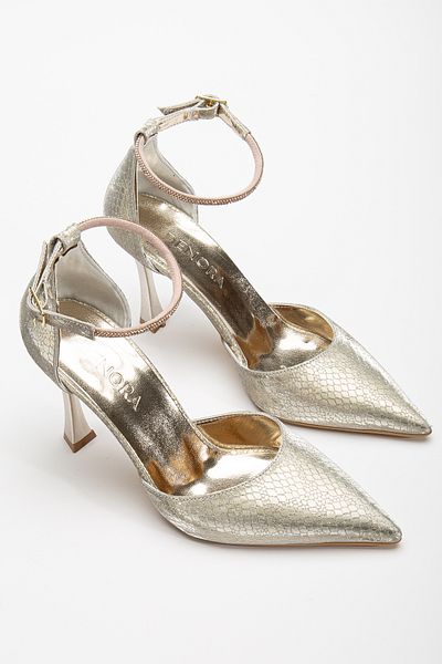 DENORA Gold Gold Ankle Strap Snake Print Evening Dress Stylish Pointed Toe Heeled Shoes