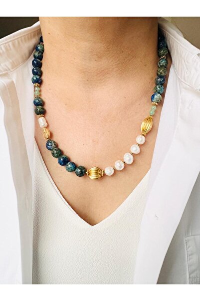DEVİ fashion Gerçek Inci Ve Azurit Doğal Taş Tasarım Kolye 54 Cm