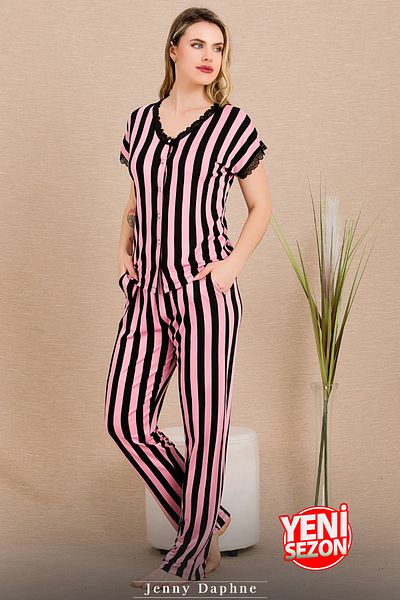 Jenny Daphne Set de pijamale cu mâneci scurte pentru damă, cu model de dungi, sezon nou 12496