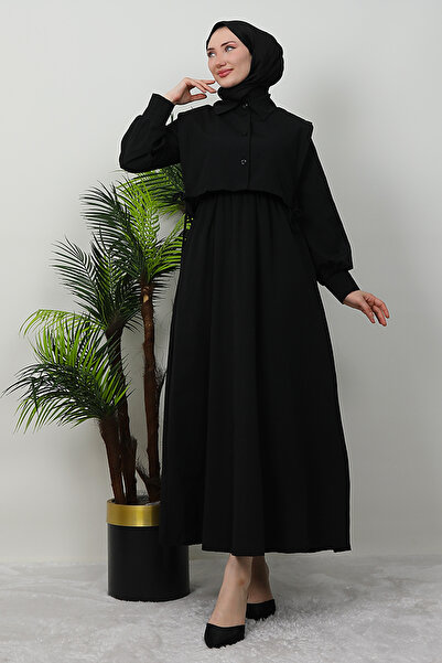 GİZ AGİYİM Μαύρο φόρεμα ακρωτηρίου με κορδόνι