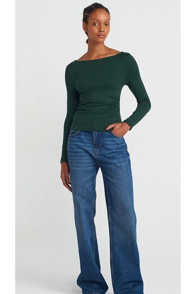 Dilvin 31401 Μαζευμένο Boat Neck Top-πράσινο