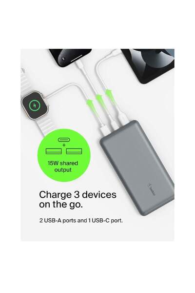 Belkin BoostCharge 3-Port 20K Power Bank with USB-C 15W, dual USB-A, 15cmGRAY