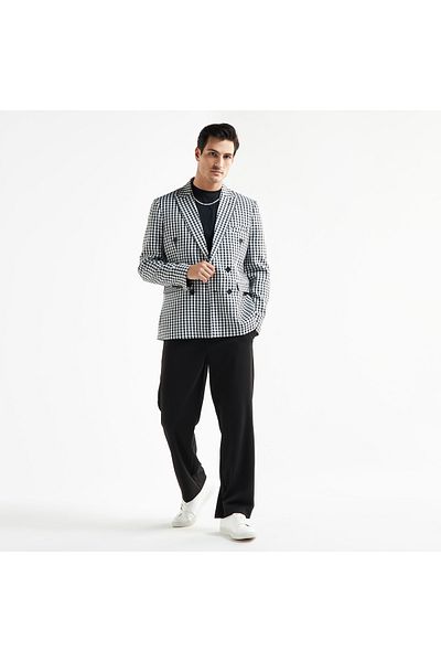 FAV Checked Peak Lapel Blazer with Pockets