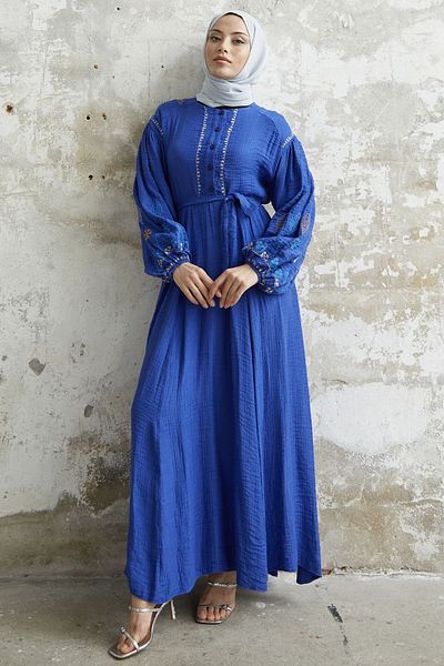 InStyle Seersucker Dress with Embroidered Sleeves - Saks Blue