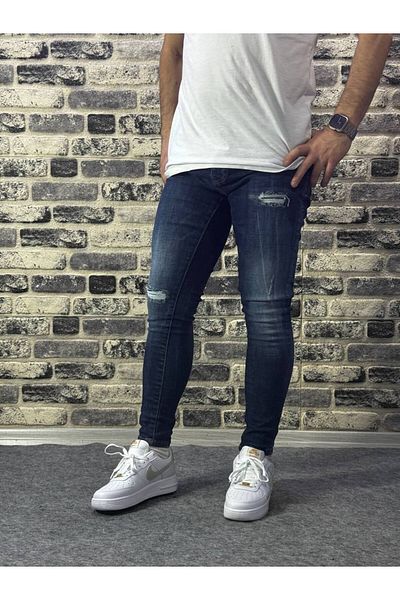 MODA Navy Blue Skinny Leg Lightweight Men's Jeans with Slit Detail