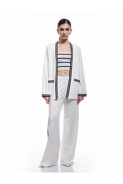 Koton Viscose Blend Long Sleeve Striped Pocket Detailed Cardigan