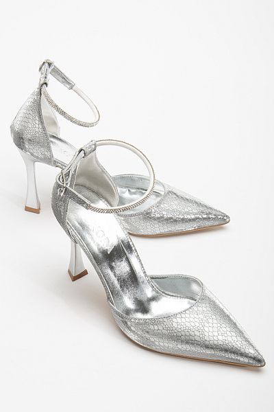 DENORA Silver Silver Ankle Strap Snake Print Evening Dress Stylish Pointed Toe Heels