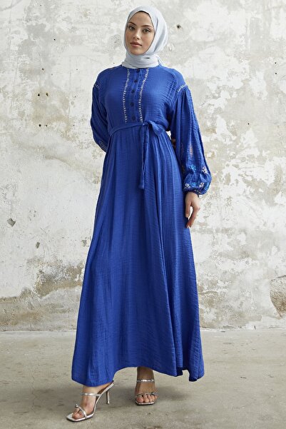 InStyle Seersucker Dress with Embroidered Sleeves - Saks Blue