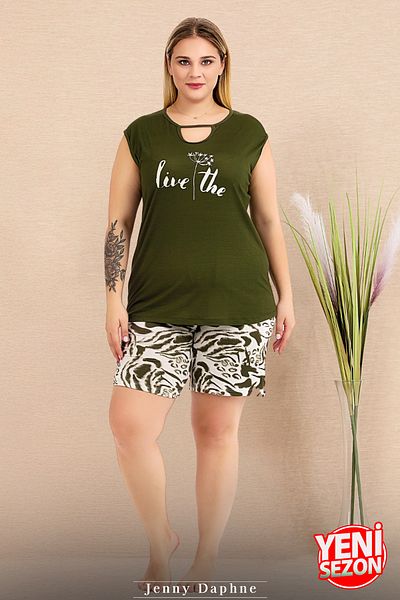 Jenny Daphne Set de pijamale pentru damă, cu model de mărime mare, verde, fără mâneci, cu imprimeu de frânghie, pantaloni scurți 10424