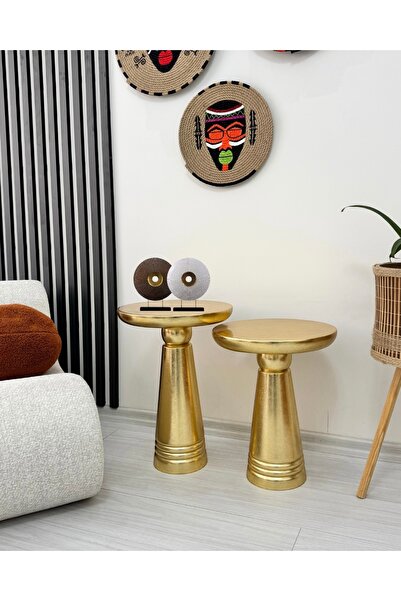 ASELYA HOME Ahşap 2’li Set Handmade Mantar Yan Sehpa Modern Altın Renk Varak ...