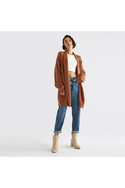 FAV Textured Open Front Cardigan with Long Sleeves